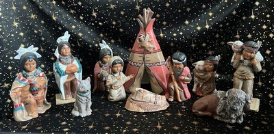 Vintage Christmas Nativity - Native American Indian - 11 pc Hand Painted Ceramic