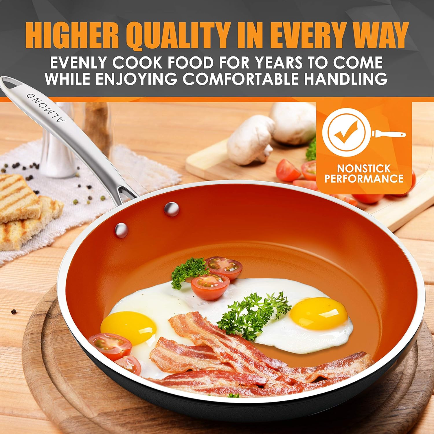 Nonstick Ceramic Copper Frying Pan: Non Stick 8 Inches Skillet with Glass Lid -