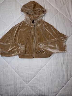 HM Divided Womens Velour Cropped Hoodie Jacket S Small Tan Beige Velvet Full Zip