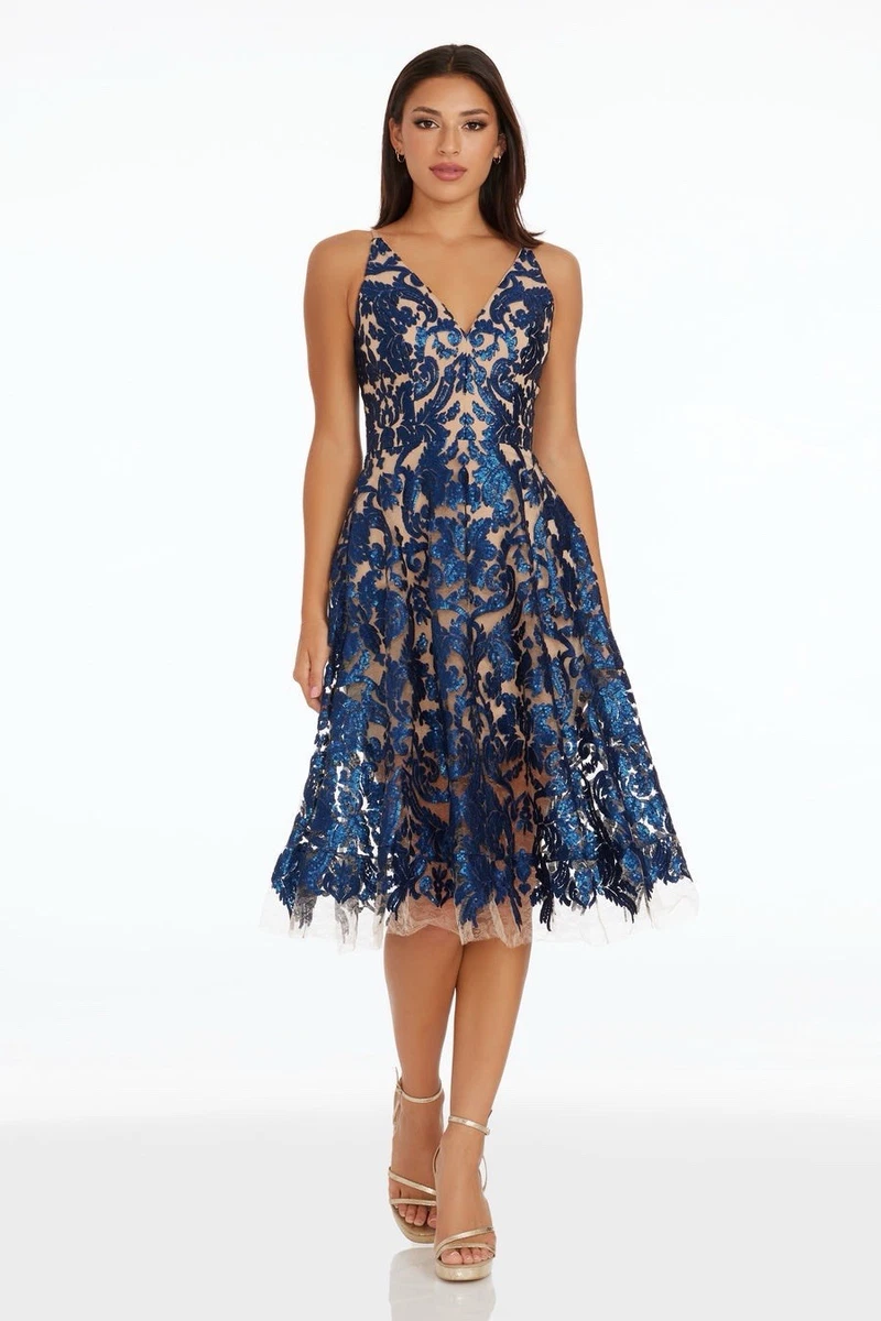 dress the population aurora lace tea length dress DRESS THE POPULATION AURORA FLORAL MIDI EGGSHELL/WHITE DRESS sz L