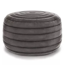 SIMPLIHOME Vivienne Boho Round Pouf in Grey Velvet Footstool Footrest