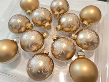 Lot of 12 Gold Theme Glass Christmas Tree Ornaments Glitter Stencil Designs 3  