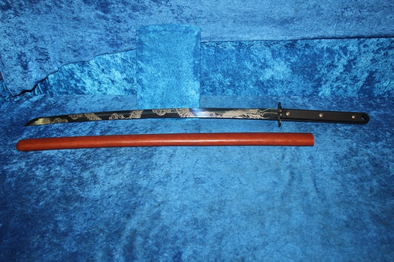 Samurai Sword Katana Style Replica 28" Blue Blade Full Tang w/ Leather Sheath