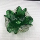 Vintage Italian Murano Green Art Glass Ashtray Trinket Dish w/Silver Fleck*read