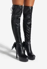 Gerety by SHOEDAZZLE, Black faux leather bow tie 5" platform OTK boots, SZ 6 WC