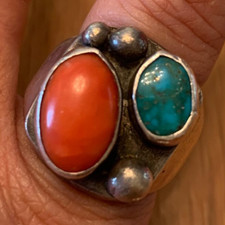 VINTAGE Antique Navajo Native American Silver Coral Turquoise Ring - Size 8