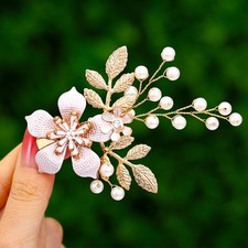 Bridal Flower Hair clip Pearl Wedding Hair Piece Gold Bride Leaf Barrettes Br...