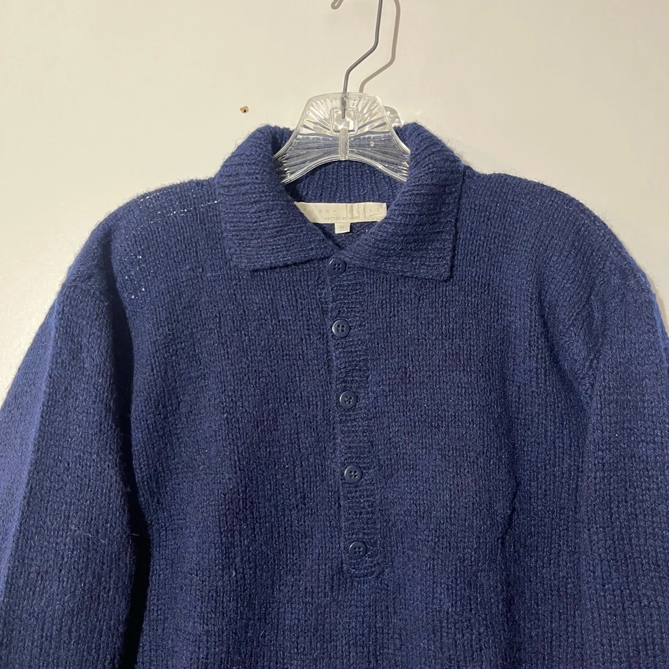 Vintage 80s Perry Ellis Hand Knit 100% Wool Navy Blue Collared Sweater Womans M - Image 2 of 4