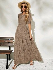 Beige Dalmation Print Puff Sleeve Ruffle Hem Dress Size Small