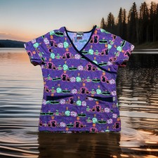 Tafford Scrub Top Halloween Medical Women  s Small Purple Cats Vampires