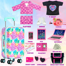 American 18 Inch Doll Clothes Accessories Girl Suitcase Luggage Travel Set-Do...