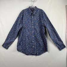 Lands End Button Down Shirt size Large Tall 16-16.5 Blue Cotton Floral Casual