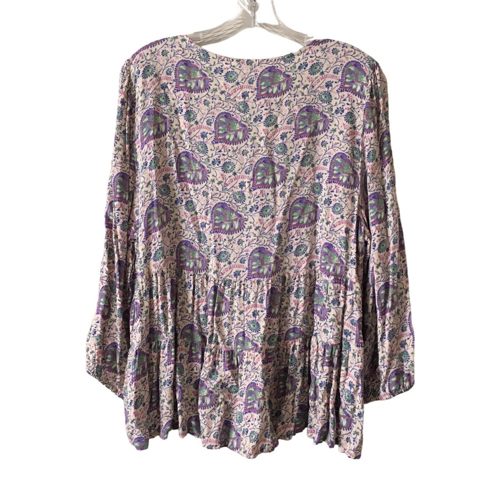 Lucky Brand Women's Peasant Blouse Size L Floral Boho VNeck 3/4 Sleeve
