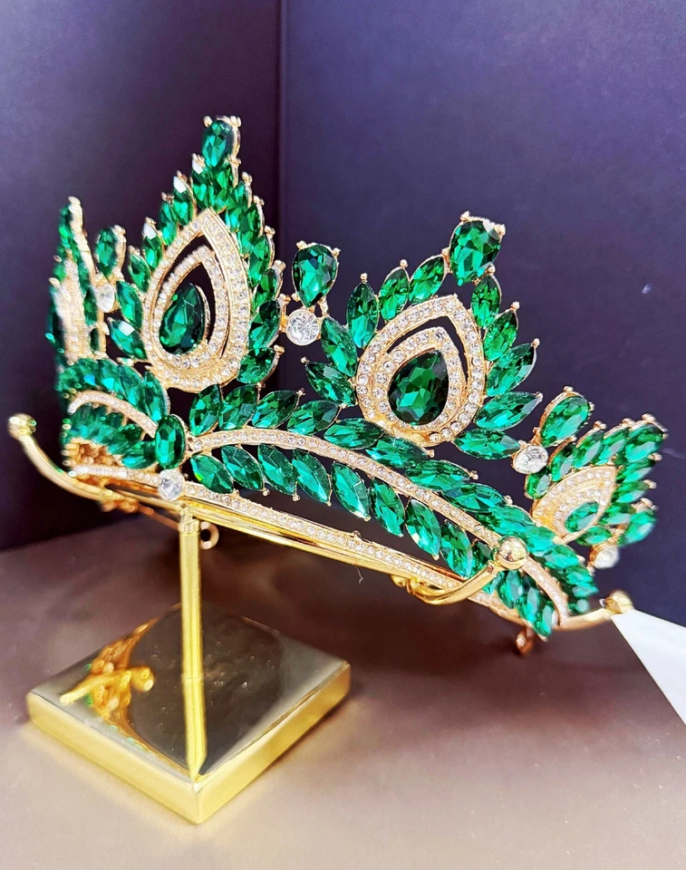 Корона Quinceanera, корона с зелеными стразами, корона большого размера, золотая хрустальная корона - Изображение 2 из 4
