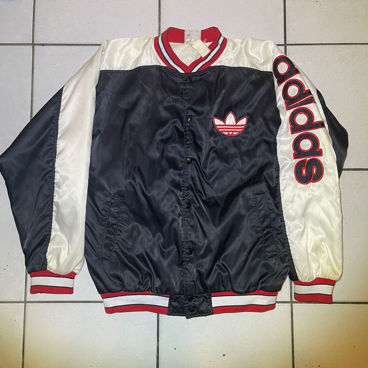 Rare vintage 80s RUN DMC Adidas Satin Bomber Jacket w Sleeve Rare vintage 80s RUN DMC Adidas Satin Bomber Jacket w Sleeve