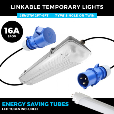 16A 240V LED VERBINDBARE TEMPORÄRE LICHTER 2FT - 6FT SINGLE ODER TWIN PLUG AND PLAY