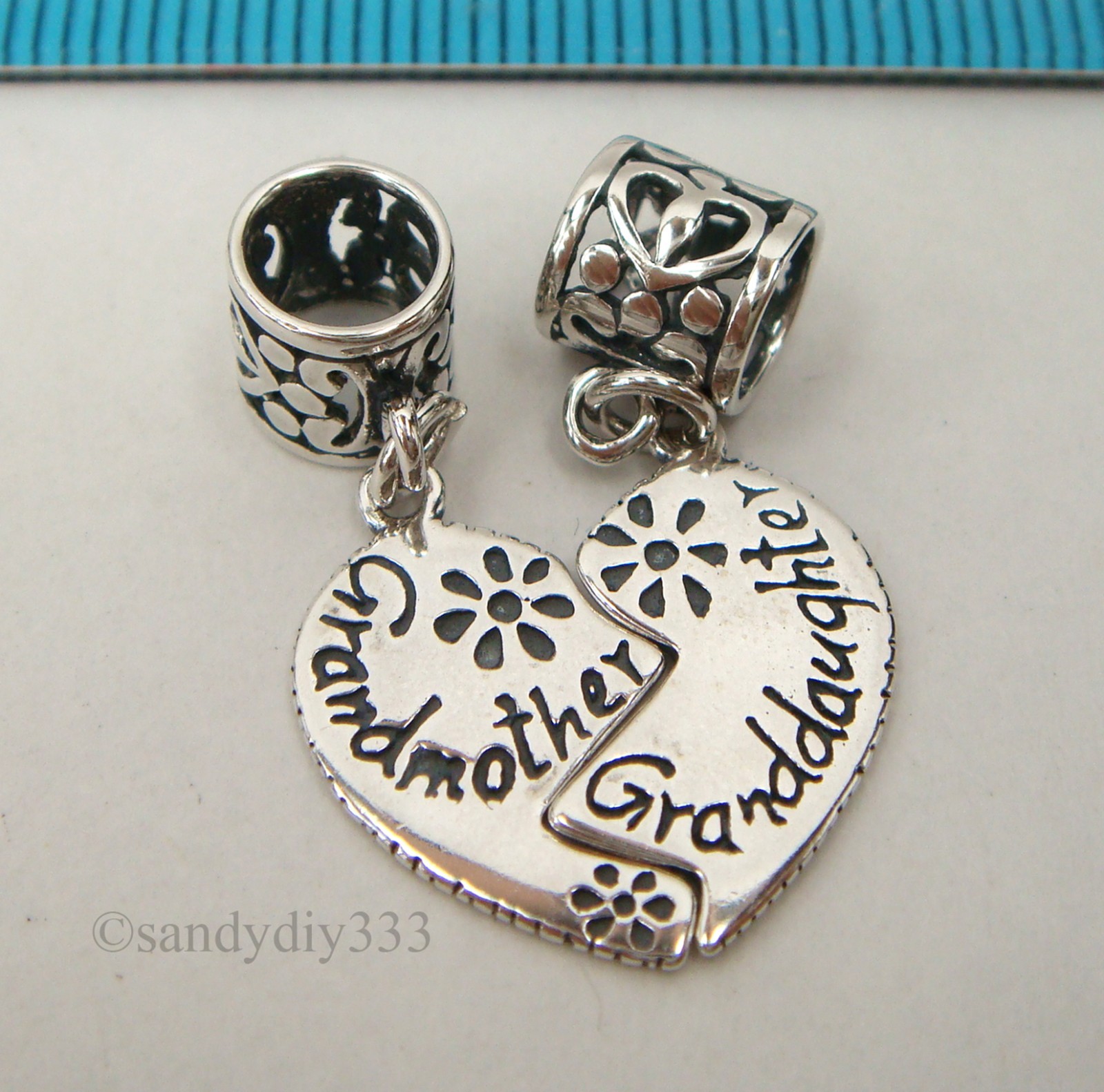 1 set x STERLING SILVER HEART GRANDMOTHER GRANDDAUGHTER BRACELET CHARM