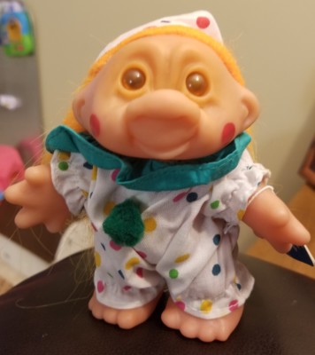Vintage Dam Adopt A Norfin Troll 5 Inch Clown-1986- Orange Hair- Smily Open