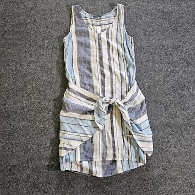 Drew Dress Womens Small Blue White Striped Linen Tie Waist Casual Beach Resort