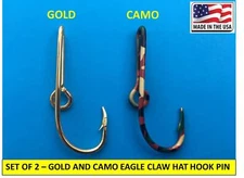 GOLD-PLATED + CAMO HOOKS EAGLE CLAW FISH HOOK HAT PIN MONEY CLIP - Set of TWO!