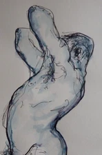 Original Pen & Ink wash drawing of a nude male standing stretching in profile