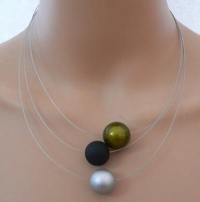 3reih. Collier Halskette Perlen schwarz silber 16/18 Miracle Olivgrün 154h
