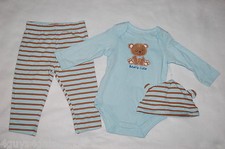 Baby Boys 3 PC SET Pants L/S Shirt  Hat BLUE BROWN Striped BEARY CUTE 6-9 MO