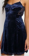 INTIMATELY Spaghetti Straps Smocked Lace Back Navy Blue Velvet Slip Dress Size M