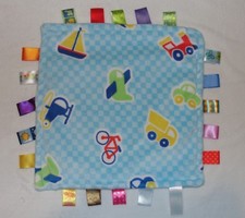 Taggies Baby Security Blanket Airplane Sailboat Car Train Blue Check Vehicles