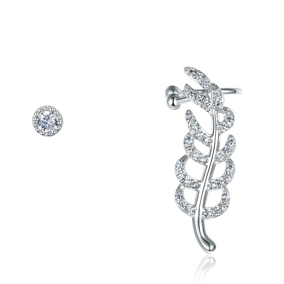 18k white gold crystal feather stud unbalanced ear climber Asymmetric earrings - Image 2 of 4