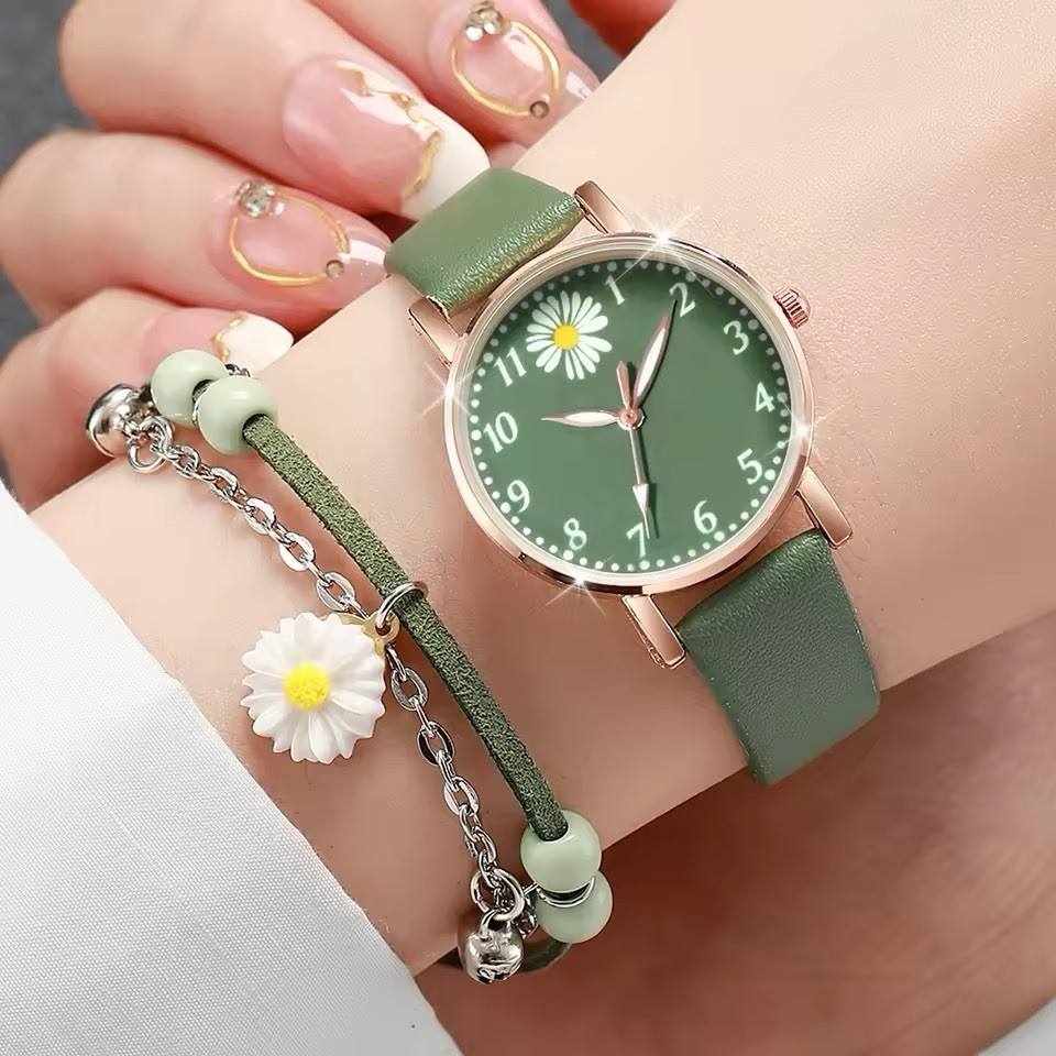 2PCS/Set Women s Watch Fashion Leather Band Quartz Watches Flower Bracelet Set