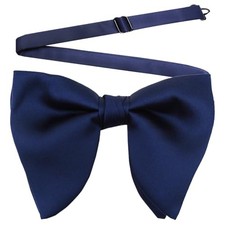 Men Pre-Tied Oversized Big Velvet Bow Tie Pocket Square Navy Blue Silk