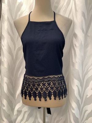 NWT Coco Cabana Women s Navy Blue Sexy Halter Tie Back Embroidered Hem Top M