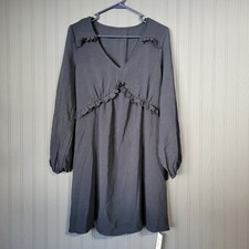 NWT CUPSHE V-Neck Peasant Sleeve Mini Dress Ruffle Detail Black Women's Small