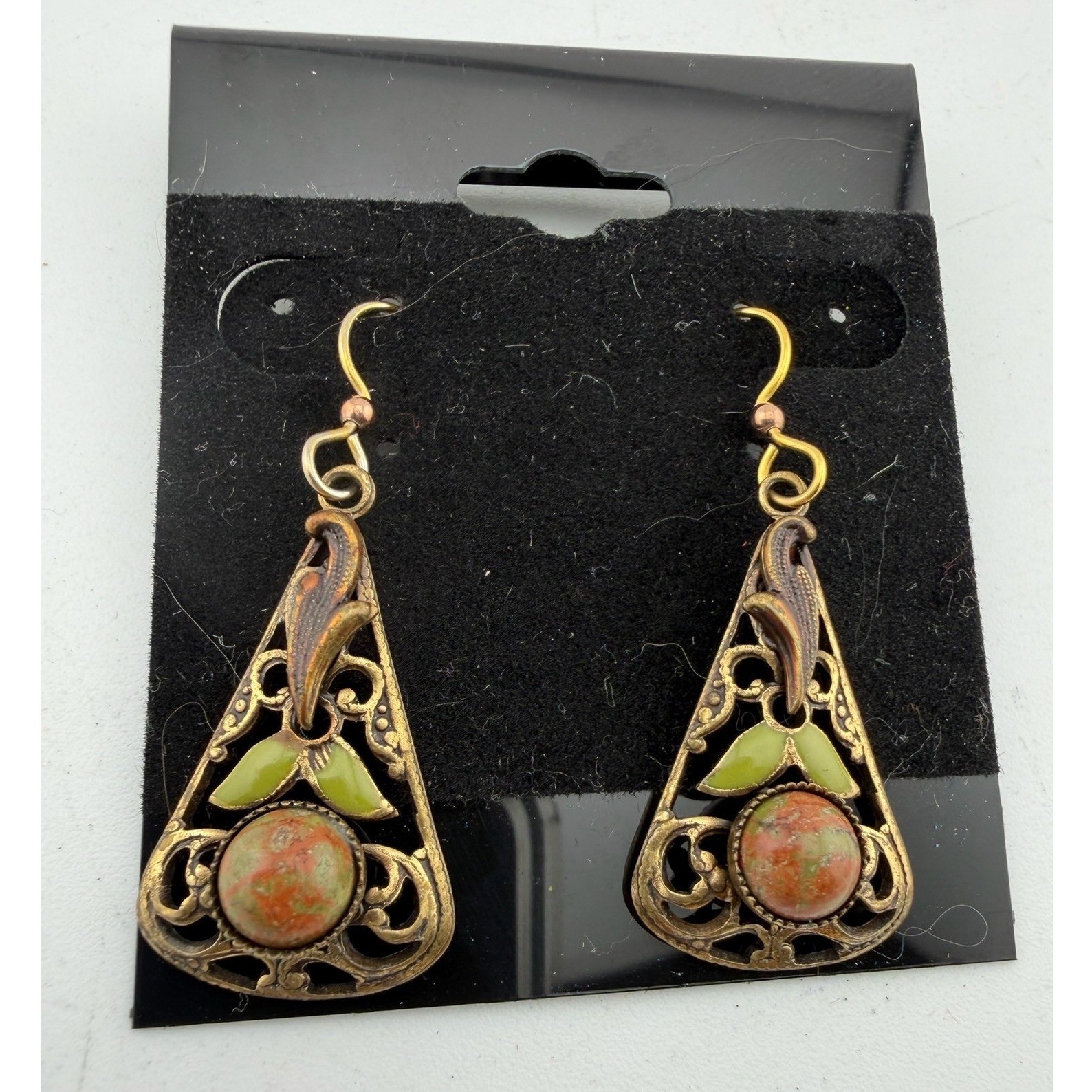 Boho Triangle Earrings Dangle Stone Gem Enamel Le… - image 1