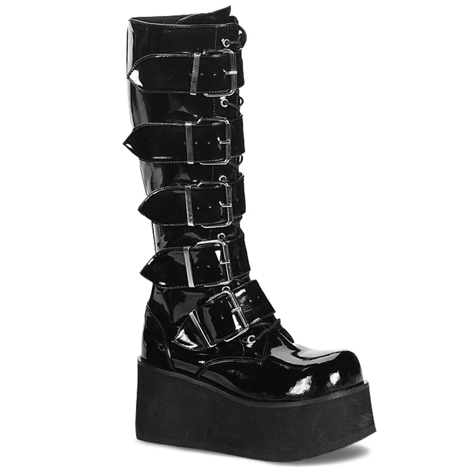 TRASHVILLE-518 Damenia Gothic Damen Herren Riemchen-Plateaustiefel schwarz Lack - Bild 1 von 1