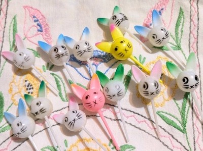 12 Vintage Plastic Bunny Head Cupcake Picks Easter Crafts
