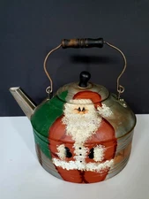 Hand Tole Painted Santa Vintage Large Tea Kettle Toleware Painting One of a Kind