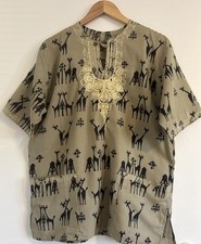 Vintage 70  s Tribal African Dashiki Tunic Giraffe Print Gold Colored Embroidery