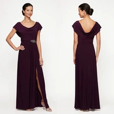 Alex Evenings Plus Cowl Pleated Bodice A Line Jersey Stretch Eggplant Gown 20w
