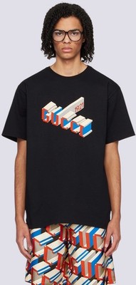 Gucci GG 3D 1921 Logo Print Cotton Crewneck Jersey T-Shirt Black Size M
