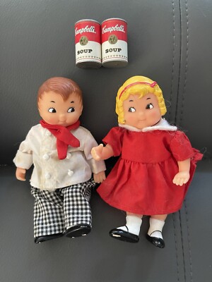 Retro VTG Pop Art 1998  2  Campbells Kids 5'' Dolls Chef w/Storage Tin