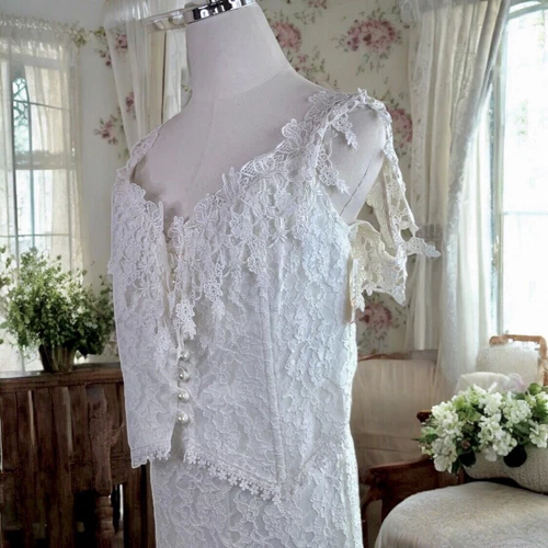 Vtg 80s Victorian Skirt Set White Floral Crocheted Lace Garden Wedding Size 12