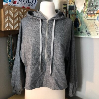 Zara Tweed Cropped 1/2 Zip Hoodie - Grey Black L/S Retail $50 size M NEW