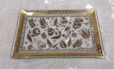 MCM Vtg Georges Briard Clear Glass & Gold Dresser Tray FLORAL PATTERN ~ 6" x 4"