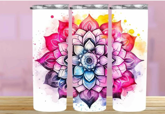 Watercolor Mandala 20 oz Insulated Skinny Tumbler with slide lock lid/ straw (B)