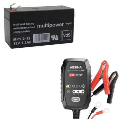 Ladegerät + Multipower Blei Gel Akku 12V 1,2Ah MP1.2-12 Accu Batterie Battery Pb