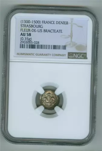 FRANCE STRASBOURG (1300-1500) DENIER FLEUR-DE-LIS BRACTEATE NGC AU-58 (.35g)