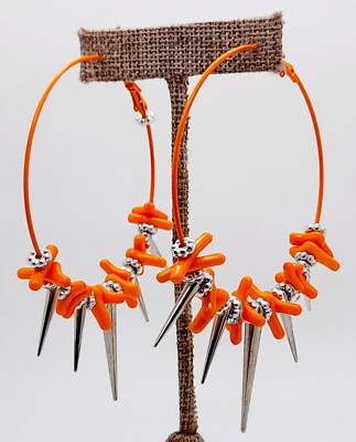Large boho silver spike cone dangle plastic beaded orange hoop fashion earrings