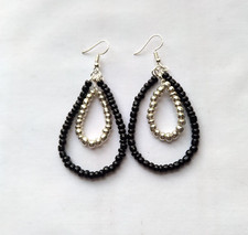 Handmade Double Hoop Dangle Hook Earrings Black Silver Color Glass Bead Boho